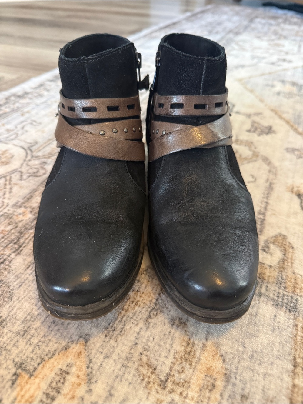 Miz Mooz Black Leather Ankle Boots with Brown Strap Detail